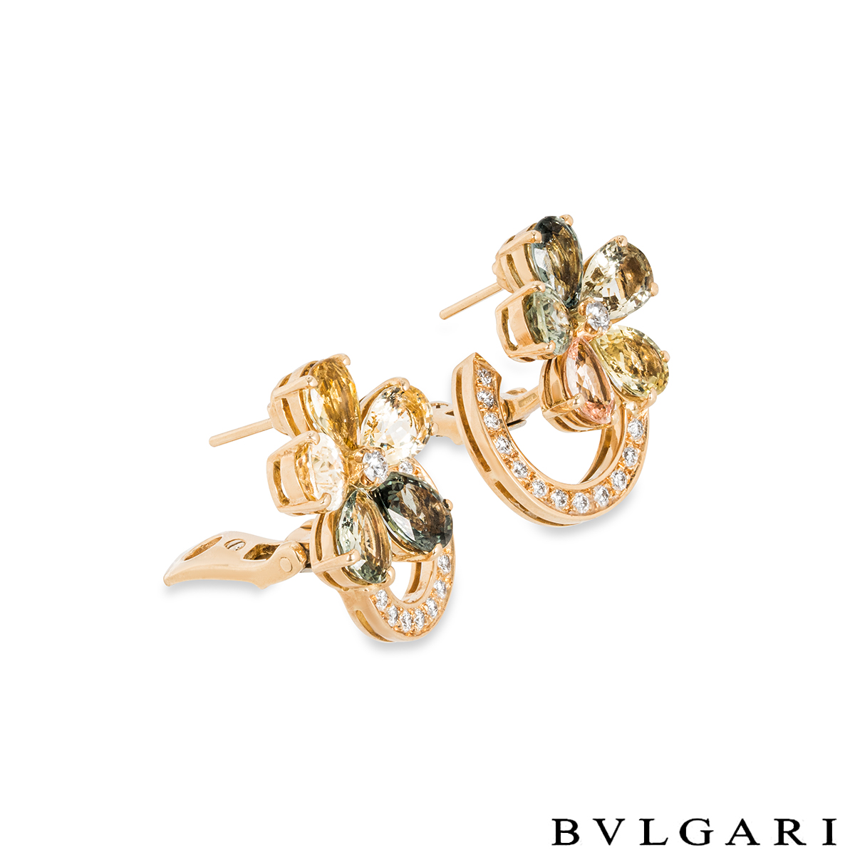 Bvlgari Yellow Gold Sapphire & Diamond Flower Earrings | Rich Diamonds